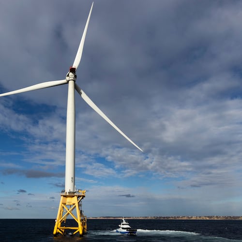 FILE - A Block Island Wind Farm turbine operates, Dec. 7, 2023, off the coast of Block Island, R.I., during a tour organized by Orsted. (AP Photo/Julia Nikhinson, File)