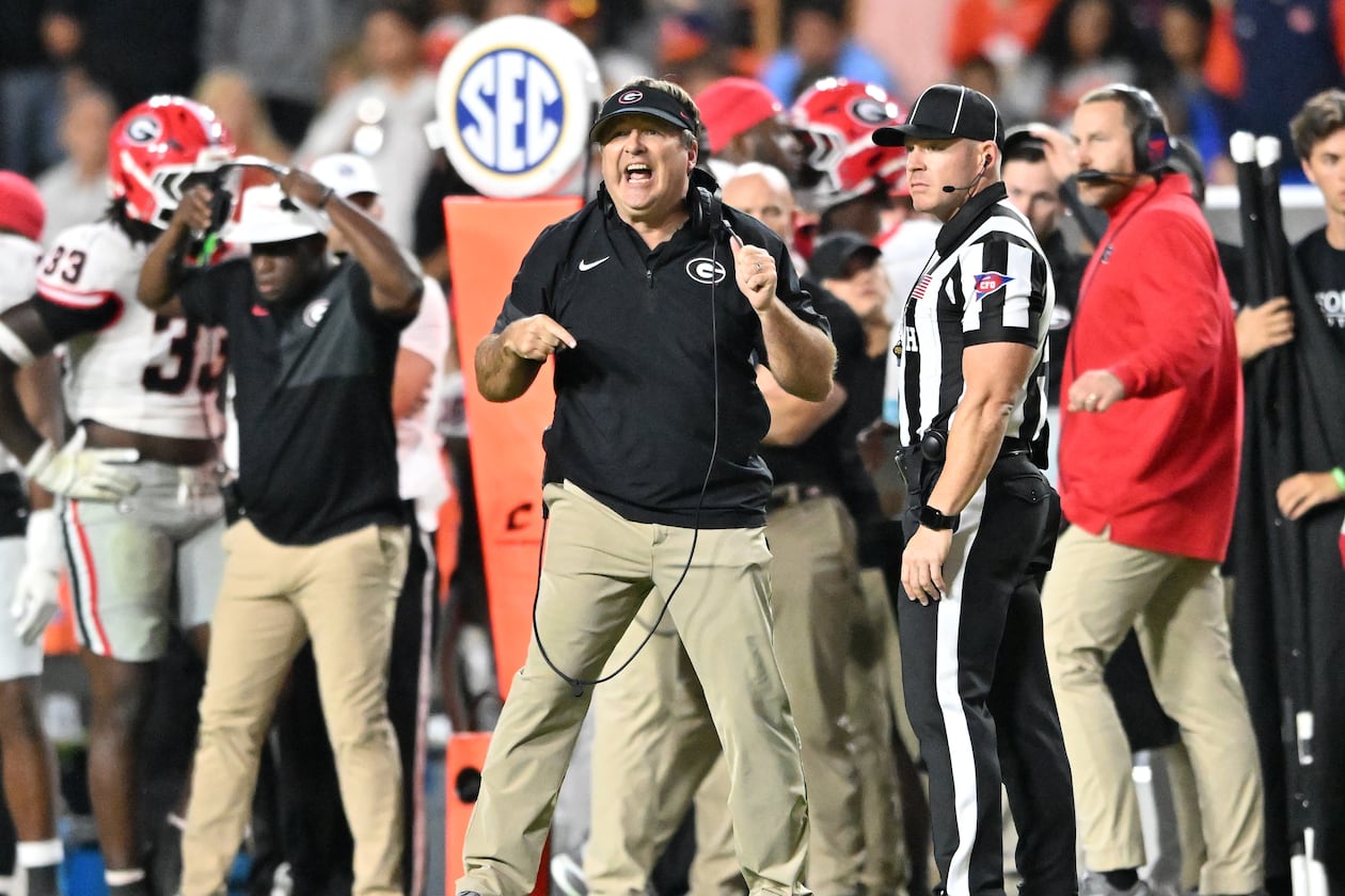 Georgia head coach Kirby Smart shouts instructions during the second half in a NCAA college football game at Jordan-Hare Stadium, Saturday, October 11, 2025, in Auburn, Ala. Georgia won 20-10 overAuburn. (Hyosub Shin/AJC)