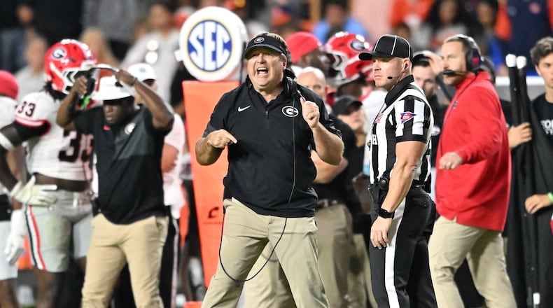 Georgia head coach Kirby Smart shouts instructions during the second half in a NCAA college football game at Jordan-Hare Stadium, Saturday, October 11, 2025, in Auburn, Ala. Georgia won 20-10 overAuburn. (Hyosub Shin/AJC)