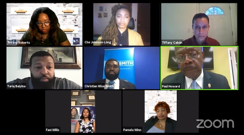 Participants on May 26, 2020, in the Georgia Justice Reform Partnership’s candidate forum in the Fulton County district attorney’s race. (Pete Corson/pcorson@ajc.com)