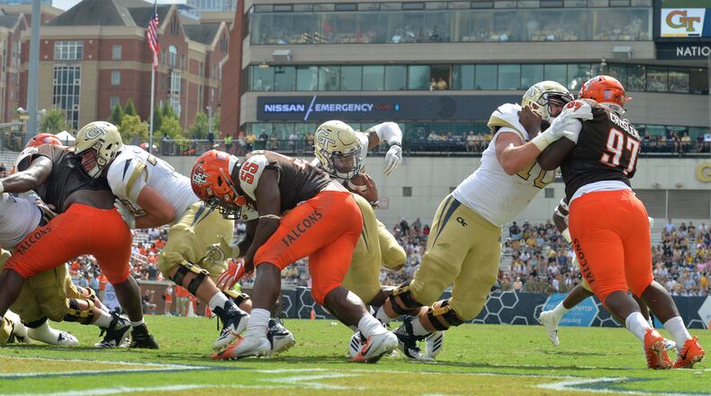 September 29, 2018 Atlanta - Georgia Tech quarterback TaQuon Marshall (16) dives into the endzone for a touchdown in the first half at Bobby Dodd Stadium on Saturday, September 29, 2018.  HYOSUB SHIN / HSHIN@AJC.COM