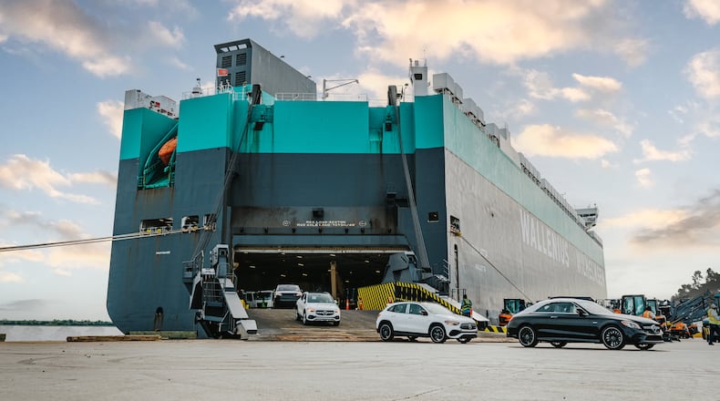 New automobiles offload from a ship docked at the Colonel's Island terminal in Brunswick. The Georgia Ports Authority facility marked its busiest month ever in April. (Photo courtesy of Georgia Ports Authority)