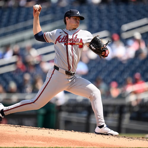 Atlanta Braves starting pitcher JR Ritchie (60) throws during the third inning of a baseball game against the Washington Nationals, Thursday, April 23, 2026, in Washington. (AP Photo/Nick Wass)
