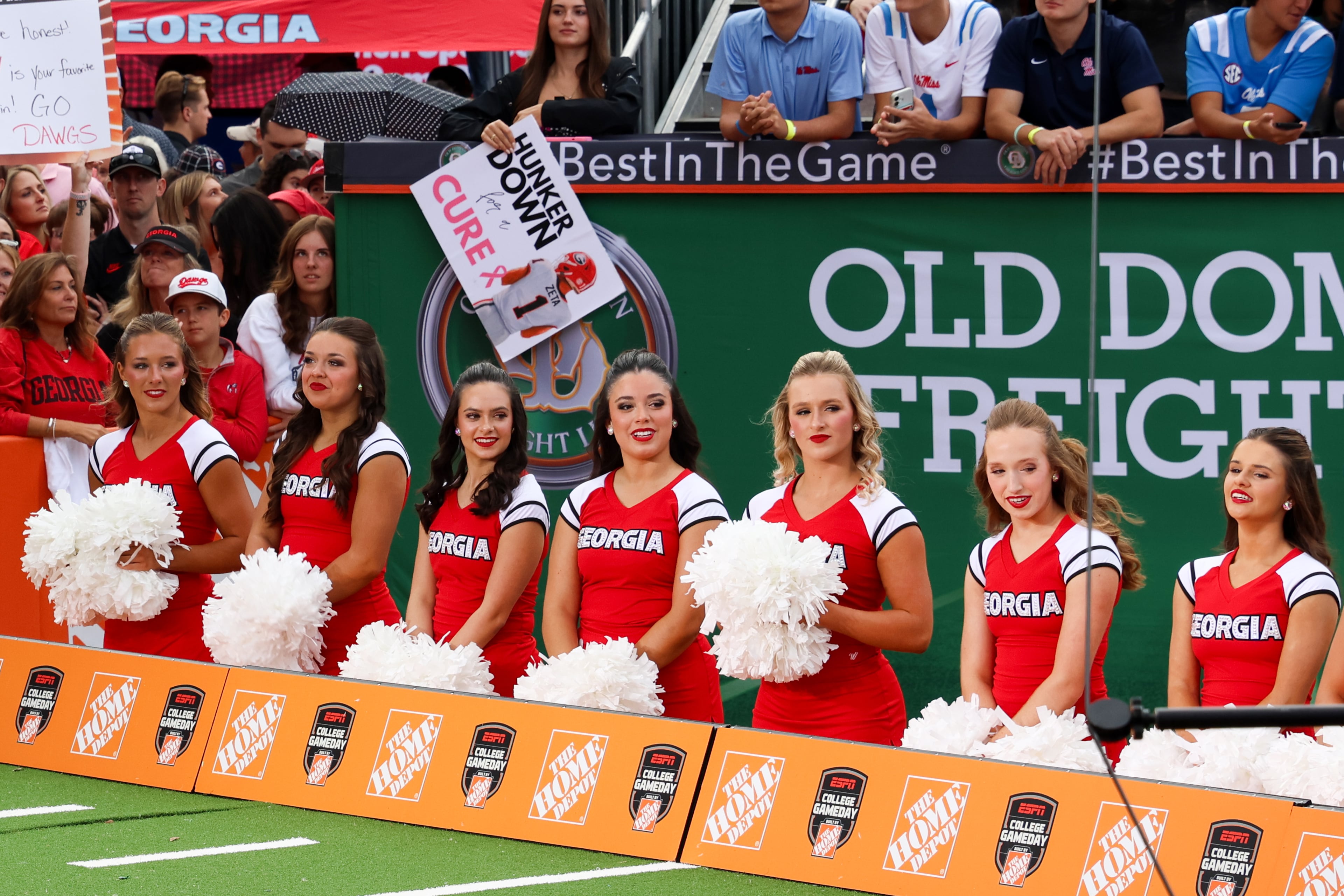 UGA cheerleaders appear during the ESPN College GameDay broadcast from Myers Quad at UGA on Saturday, Oct. 18, 2025. (C.J. Bartunek for the AJC)