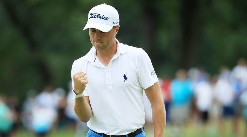 Justin Thomas reacts to his par on the 12th hole during the final round of the BMW Championship at Medinah Country Club No. 3 on August 18, 2019 in Medinah, Illinois. (Photo by Sam Greenwood/Getty Images)