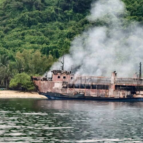 In this photo provided by the Philippine Coast Guard, ferry MV June Aster smolders off Palawan province, western Philippines, Friday, Sept. 11, 2026, days after it caught fire. (Philippine Coast Guard via AP)