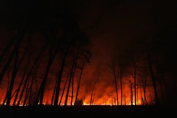 A wildfire burns on Tuesday, April 22, 2025, near Waretown, N.J. (AP Photo/Chris Szagola)