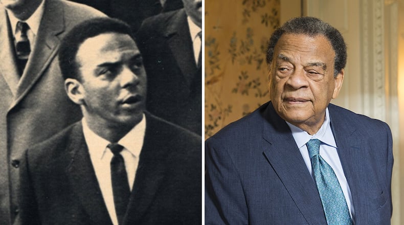 Andrew Young in !965 in Selma, Ala. (left); and in 2018 at the Atlanta History Center. (Library of Congress; Alyssa Pointer/AJC)