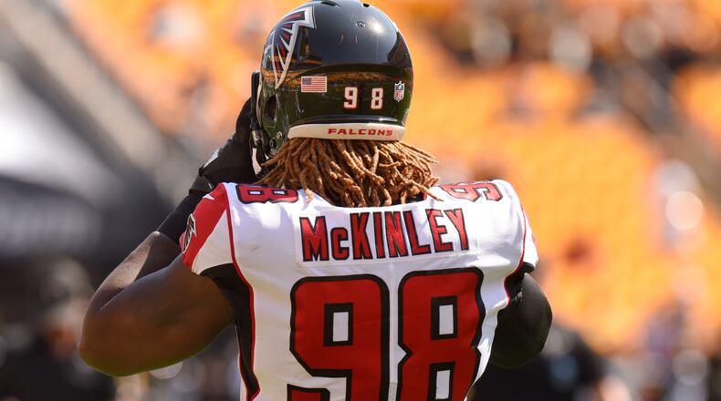 Atlanta Falcons defensive end Takkarist McKinley (98) warms up before of an NFL preseason football game against the Pittsburgh Steelers, Sunday, Aug. 20, 2017, in Pittsburgh. (AP Photo/Don Wright)
