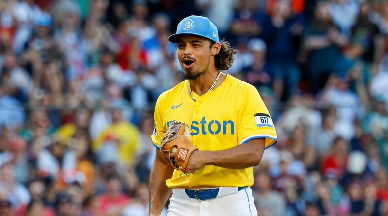 FILE - Boston Red Sox's Jordan Hicks reacts after striking out Houston Astros' Carlos Correa in the eighth inning of a baseball game, Aug. 2, 2025, in Boston. (AP Photo/Greg M. Cooper, File)