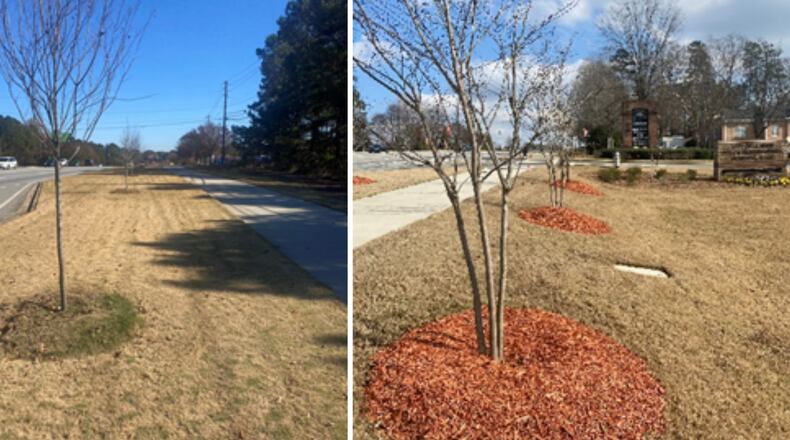 The Lilburn Community Improvement District recently engaged with Russell Landscape Group to provide fresh mulch to spruce up the trees and sidewalks near the Lilburn Police Department. (Courtesy Lilburn CID)