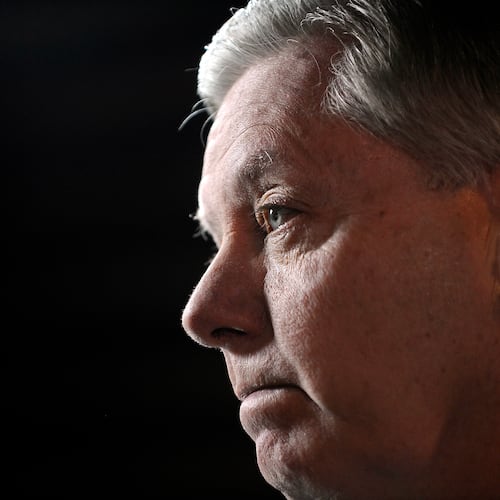 FILE - Sen Lindsey Graham, R-S.C., speaks to the media before the CBS News Republican presidential debate at the Peace Center, Saturday, Feb. 13, 2016, in Greenville, S.C. (AP Photo/Rainier Ehrhardt, File)