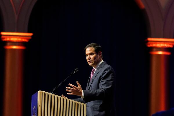 Secretary of State Marco Rubio speaks at the American Compass's The New World Gala in Washington, Tuesday, June 3, 2025. (AP Photo/Mark Schiefelbein)