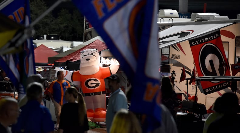 The scene from Friday before the 2015 Georgia-Florida game in Jacksonville. The countdown has already begun for this year's game, which will be held Saturday. (AJC file photo)