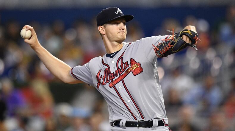 Mike Soroka, shown in last Saturday’s start at Miami, will be on the mound for the opener of a three-game series against the Dodgers at SunTrust Park.