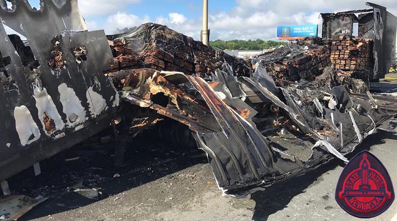 Thousands of hot dogs were burned when a semitrailer truck caught on fire in Omaha, Nebraska. Nebraska State Patrol said no one was hurt. (Photo by Nebraska State Patrol via Facebook)