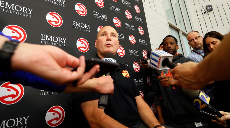 Hawks general manager Travis Schlenk speaks to reporters Thursday, the morning after it was announced the team and coach Mike Budenholzer have decided to part ways.