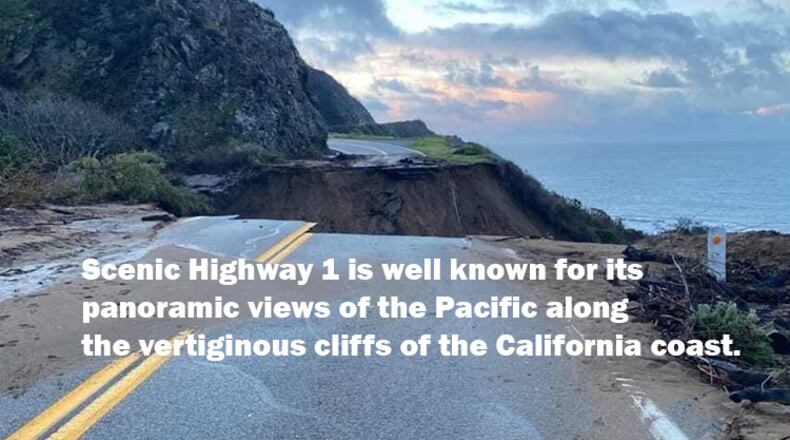 A 150-foot swath of scenic Highway 1 broke away from a steep California hillside last week and plummeted into the Pacific Ocean, according to reports.
The collapse happened last Thursday near Big Sur after heavy rains sent trees, boulders, water and mud crashing to the road below.