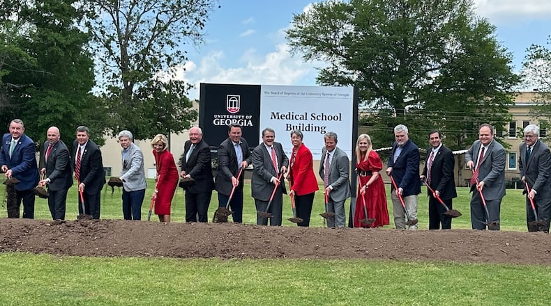 Officials gathered for the ceremonial groundbreaking of the University of Georgia's School of Medicine in Athens, Georgia on Friday April 19, 2024. Gov. Brian Kemp and UGA President Jere Morehead were among those grabbed shovels.
