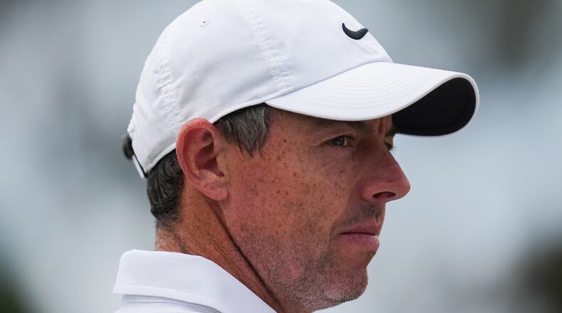Rory McIlroy of Northern Ireland reacts during the first round of the Australian Open golf tournament in Melbourne, Australia, Thursday, Dec. 4, 2025. (AP Photo/Asanka Brendon Ratnayake)
