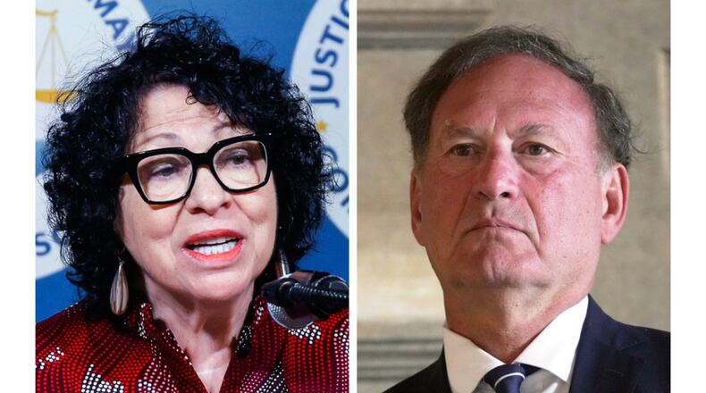 This combination photo shows Justice Sonia Sotomayor, Sept 16, 2024, in New York, left, and Justice Samuel Alito in Rome, Sept. 20, 2025. (AP Photo)