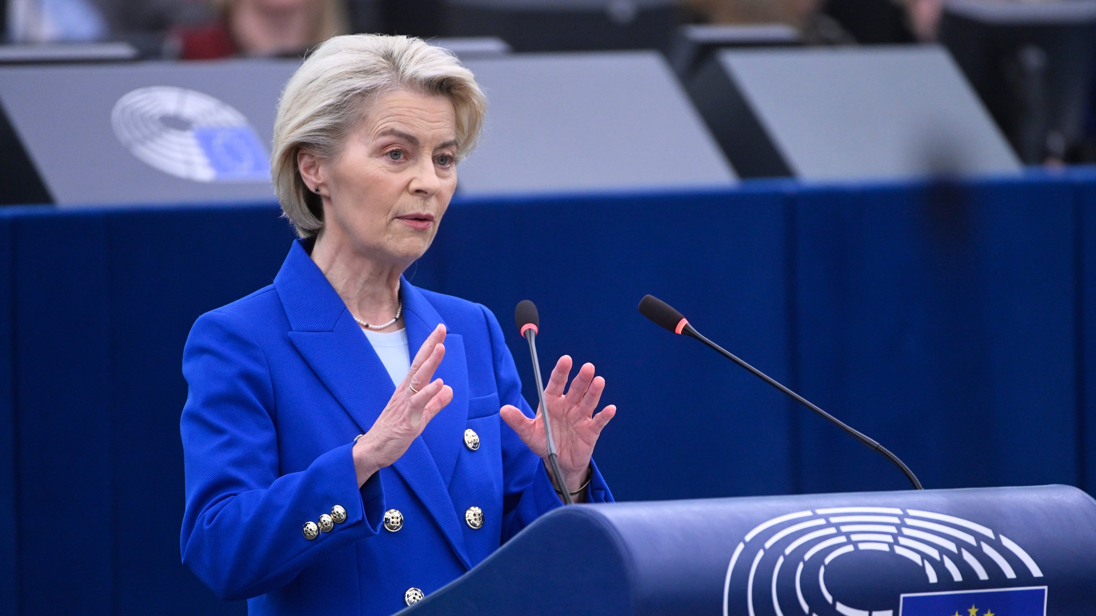 European Commission president Ursula von der Leyen delivers her statement on EU response to recent Russian violations of the EU Member States' airspace and critical infrastructure, Wednesday, Oct. 8, 2025 at the European Parliament in Strasbourg, eastern France. (AP Photo/Pascal Bastien)