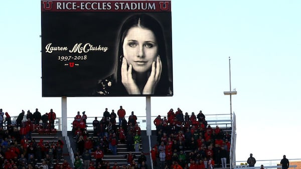 An image of University of Utah student and track athlete Lauren McCluskey, 21, is seen onto a video board Nov. 10, 2018, during an NCAA game. McCluskey was shot and killed on campus Oct. 22, 2018, by her ex-boyfriend, Melvin Shawn Rowland, 37.