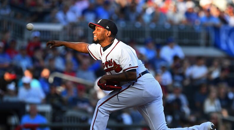 Julio Teheran #49 of the Atlanta Braves throws against the Kansas City Royals at SunTrust Park on July 24, 2019 in Atlanta, Georgia. (Photo by Scott Cunningham/Getty Images)