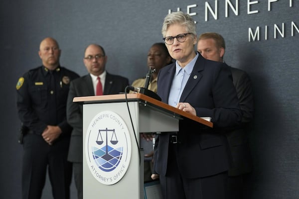 Hennepin County Attorney Mary Moriarty speaks during a news conference at the Hennepin County Attorney’s Office in Minneapolis, Monday, June 16, 2025. (AP Photo/George Walker IV)