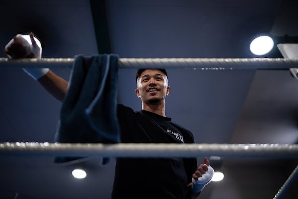 Junto Nakatani looks on during a training session at a gym in Sagamihara City, Kanagawa Prefecture, Tuesday, July 1, 2025. (AP Photo/Louise Delmotte)