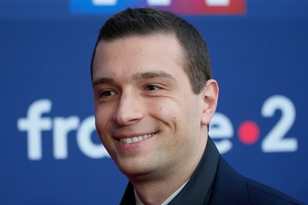 FILE - Acting president of the far-right National Rally party Jordan Bardella arrives at a TV studio, April 20, 2022, in La Plaine-Saint-Denis, outside of Paris. (AP Photo/Francois Mori, File)
