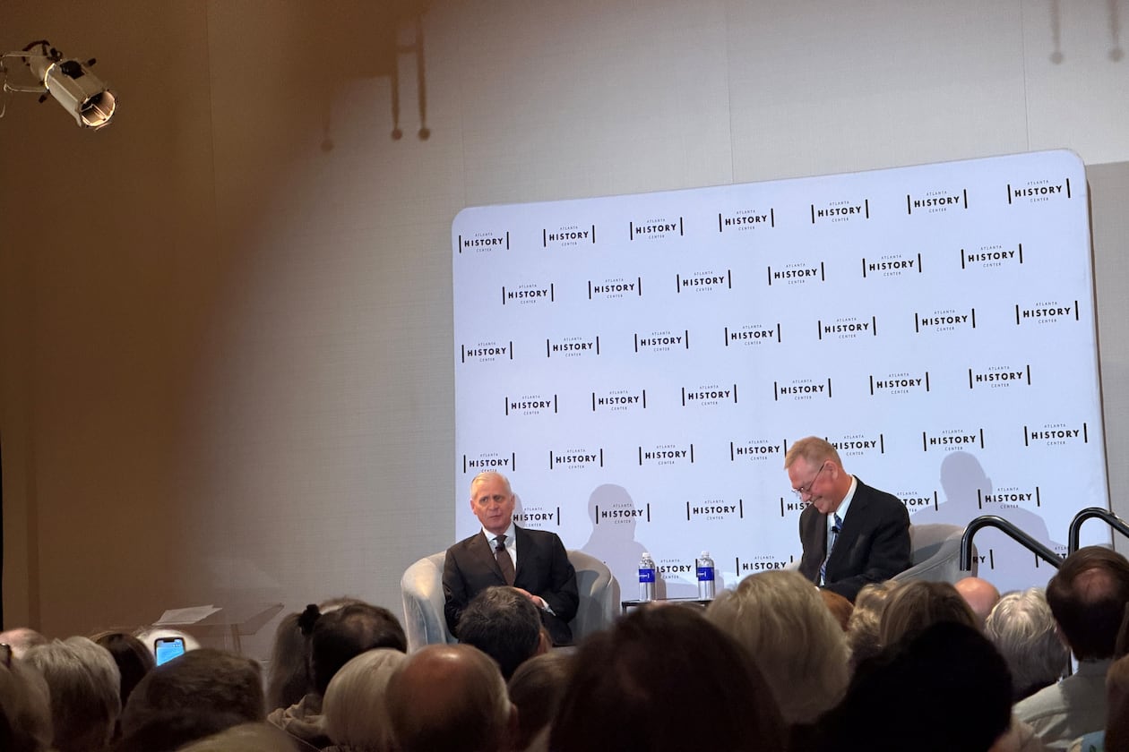 Presidential biographer Jon Meacham (left) speaks with Emory University professor Patrick Allitt about Meacham’s new book “American Struggle” at an event hosted by the Atlanta History Center on Thursday, Feb. 19, 2026, in Buckhead. (David Plazas/AJC)