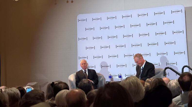 Presidential biographer Jon Meacham (left) speaks with Emory University professor Patrick Allitt about Meacham’s new book “American Struggle” at an event hosted by the Atlanta History Center on Thursday, Feb. 19, 2026, in Buckhead. (David Plazas/AJC)