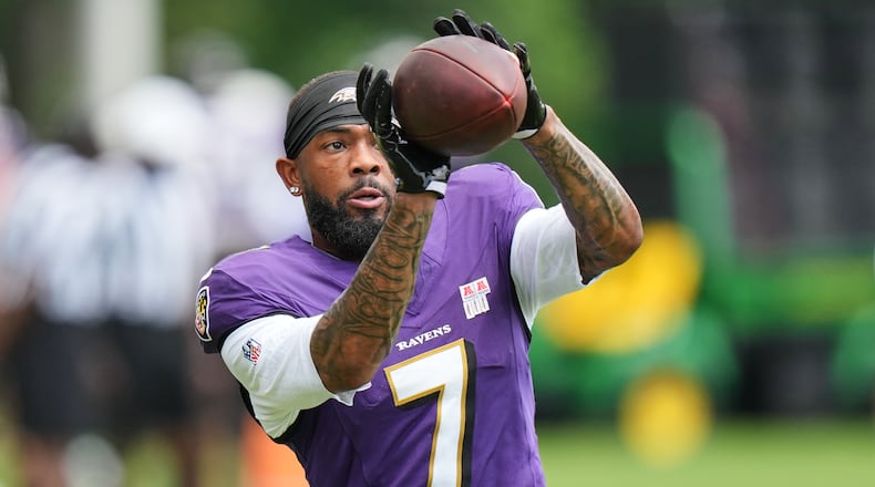 FILE - Baltimore Ravens wide receiver Rashod Bateman (7) works out during the team's NFL football training camp, Monday, Aug. 17, 2026, at the Under Armour Performance Center in Owings Mills, Md. (AP Photo/Stephanie Scarbrough,File)
