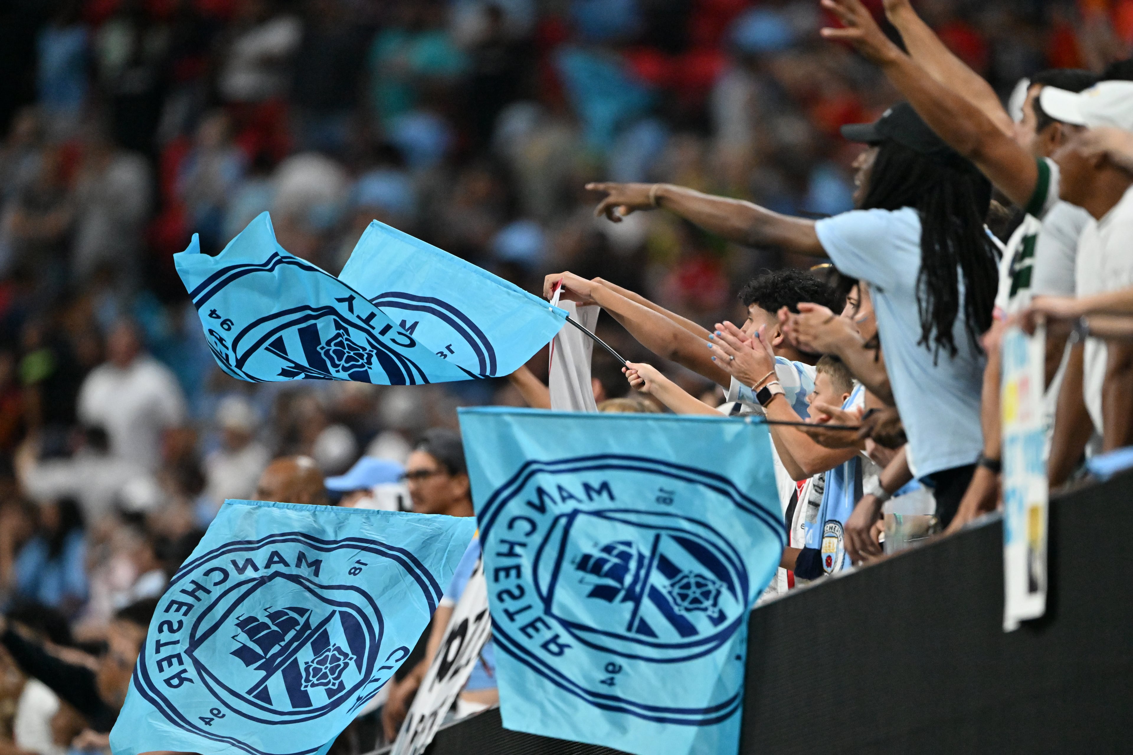 Manchester City fans react during the second half in Club World Cup group G soccer match at Mercedes-Benz Stadium, Sunday, June 22, 2025, in Atlanta. Manchester City won 6-0 over Al Ain. (Hyosub Shin / AJC)