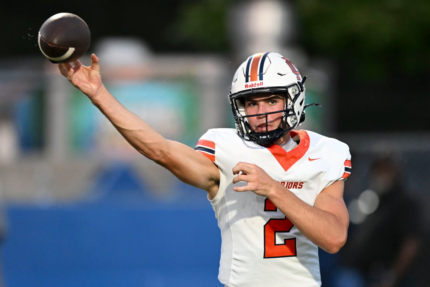 North Cobb quarterback Teddy Jarrard (2) passes against the Indians during the first half of play Friday, August 22, 2025 at McEachern.  (Daniel Varnado/For the Atlanta Journal-Constitution)