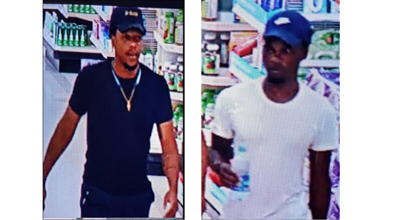 Gwinnett County police are searching for two men who they believe took part of a door handle off a car before stealing the wallet