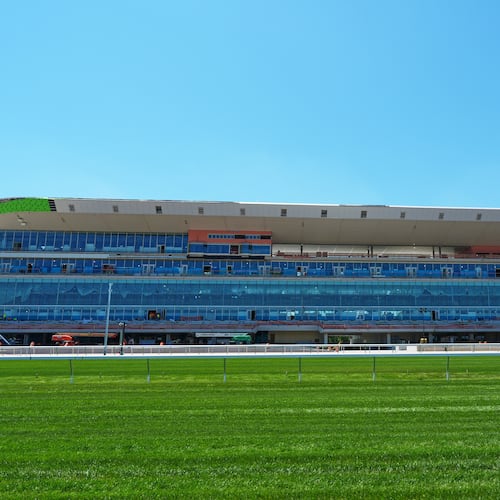 Contruction contineus at Belmont Park Tuesday, May 19, 2026, in Elmont, N.Y. (AP Photo/Frank Franklin II)
