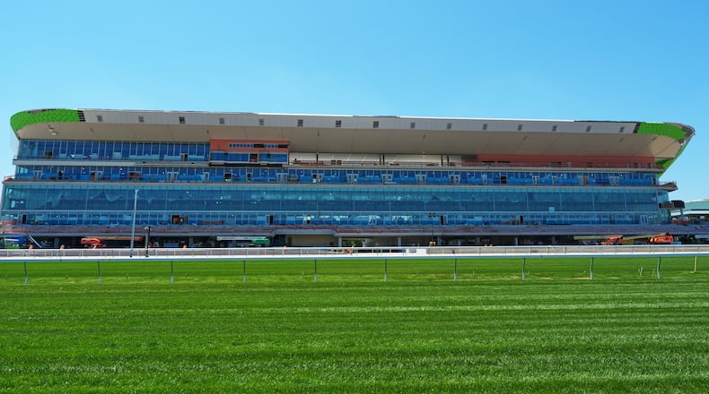 Contruction contineus at Belmont Park Tuesday, May 19, 2026, in Elmont, N.Y. (AP Photo/Frank Franklin II)