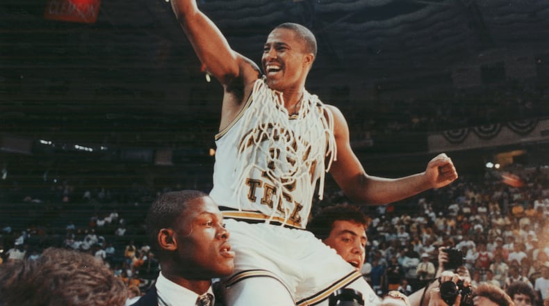 Georgia Tech's Brian Oliver celebrates after Tech's victory over Virginia in the ACC Tournament in 1990. (Frank Niemeir/AJC staff)