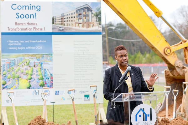 The president and CEO of Atlanta Housing, Terri M. Lee, remarks during the groundbreaking ceremony for the mixed-homes redevelopment of Bowen Homes phase 1 on Wednesday, March 5, 2025. (Miguel Martinez/AJC)