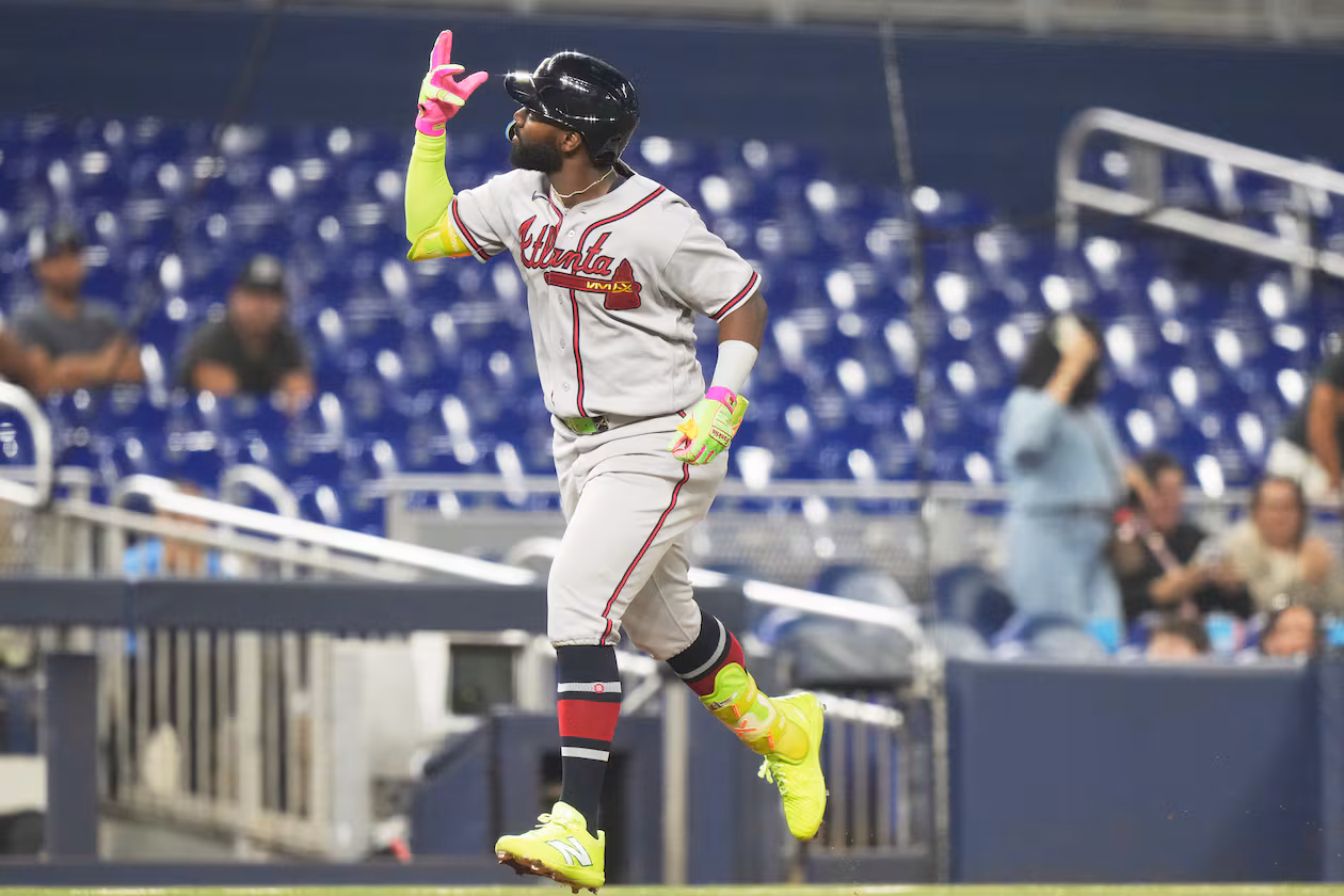 Braves center fielder Michael Harris II runs the bases after hitting a solo home run during the ninth inning against the Marlins on Thursday, May 21, 2026, in Miami. (Lynne Sladky/AP)