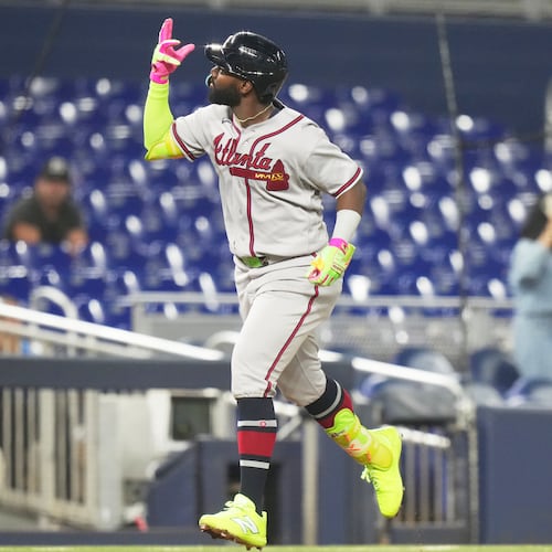 Braves center fielder Michael Harris II runs the bases after hitting a solo home run during the ninth inning against the Marlins on Thursday, May 21, 2026, in Miami. (Lynne Sladky/AP)