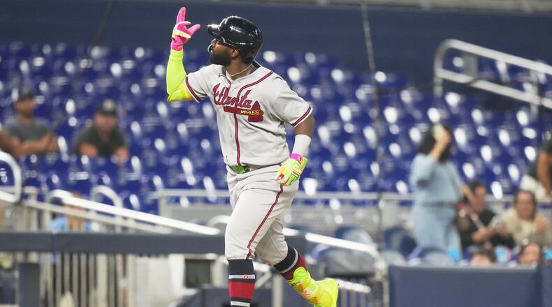 Braves center fielder Michael Harris II runs the bases after hitting a solo home run during the ninth inning against the Marlins on Thursday, May 21, 2026, in Miami. (Lynne Sladky/AP)
