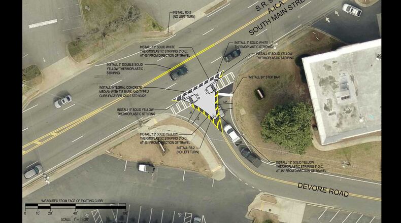 Alpharetta will install a concrete median at the intersection of Highway 9 and Devore Road, which will prevent drivers from making left turns.