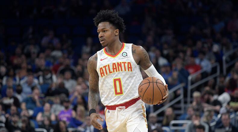 Atlanta Hawks guard Brandon Goodwin (0) brings the ball up the court during the first half Monday, Dec. 30, 2019, against the Magic in Orlando, Fla.