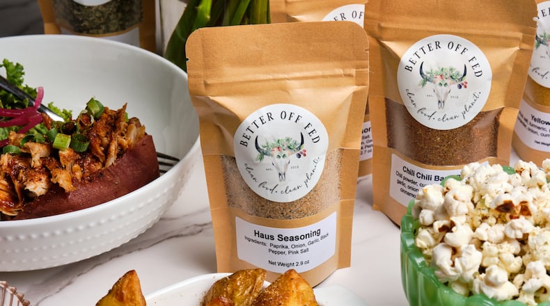 Better Off Fed spice blends include the “haus” seasoning, barbecue dry rub, Greek, chili, taco, yellow curry, ranch and a mix called Spicy Faerie. (Courtesy of Brandon Amato/Better Off Fed)