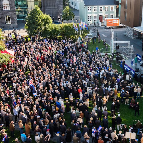 People gather for an "Afram Island," "Forward, Iceland," rally opposing the resumption of European Union accession talks at Austurvollur in Reykjavik, Iceland, Thursday, Aug. 27, 2026. (AP Photo/Marco Di Marco)