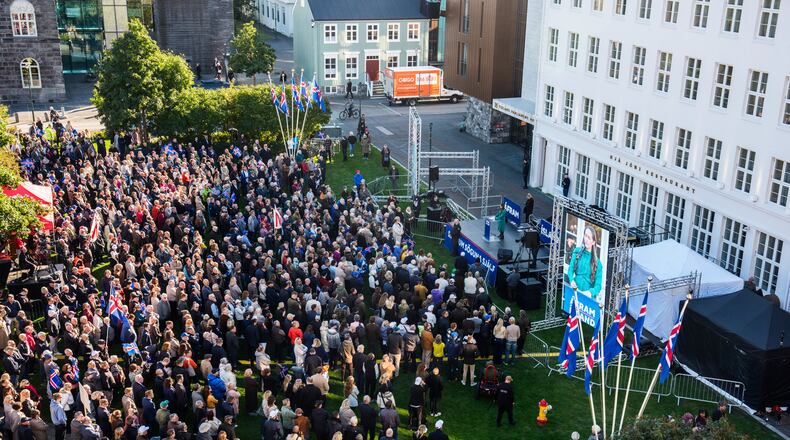 People gather for an "Afram Island," "Forward, Iceland," rally opposing the resumption of European Union accession talks at Austurvollur in Reykjavik, Iceland, Thursday, Aug. 27, 2026. (AP Photo/Marco Di Marco)