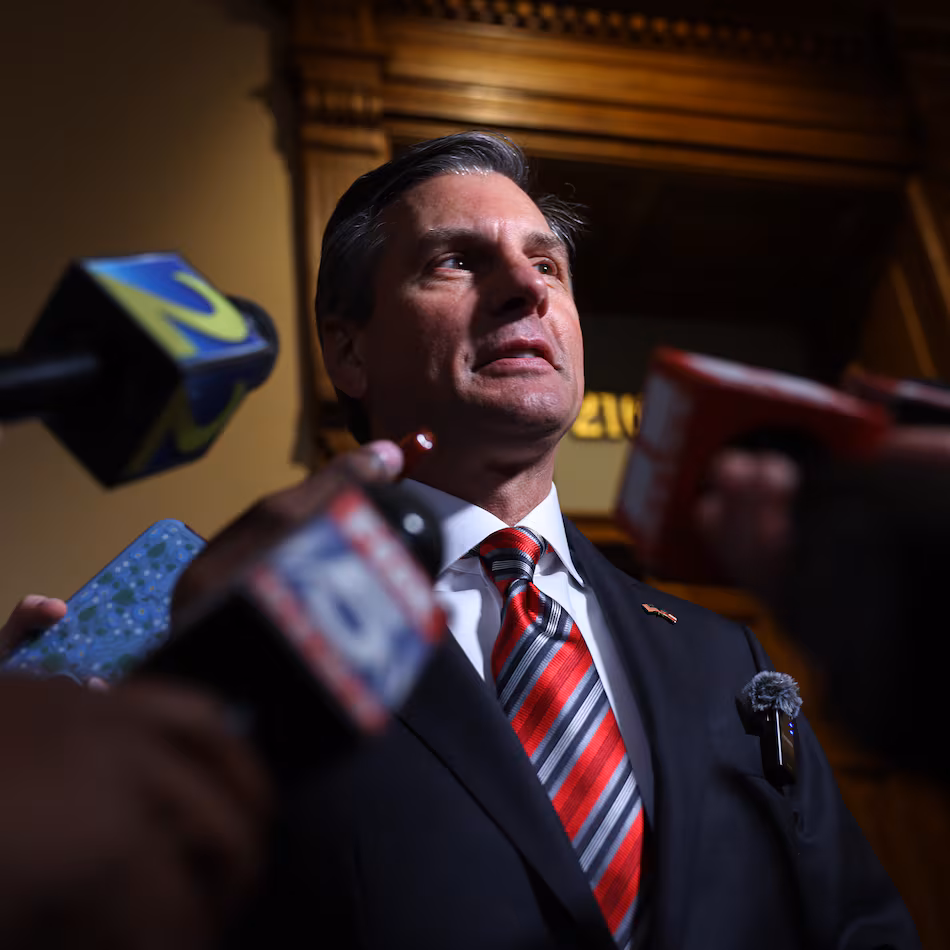 Derek Dooley, a Republican candidate for the U.S. Senate, speaks to reporters after filing paperwork to run for election at the Capitol in Atlanta on Tuesday, March 3, 2026. (Arvin Temkar/AJC)